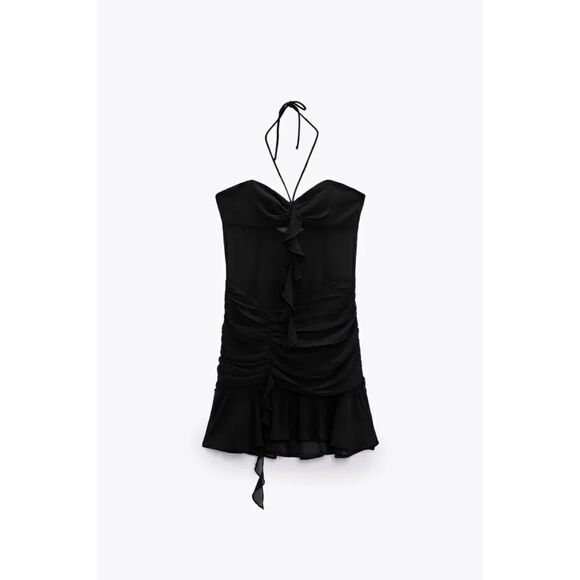 NWT Zara Black Ruffled Draped Halter Tie Mini Dress, Size Small - Picture 8 of 15